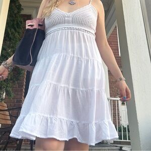 TIERED CROCHET WHITE FLOWY SUN DRESS